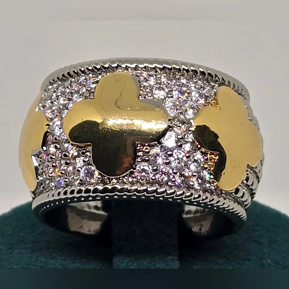 Gold & Silver Clover Accent  Wide Band Ring - Women Jewelry